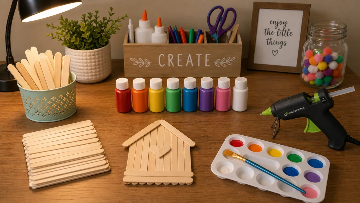 a neatly arranged craft table with popsicle sticks, colorful paints, and glue…
