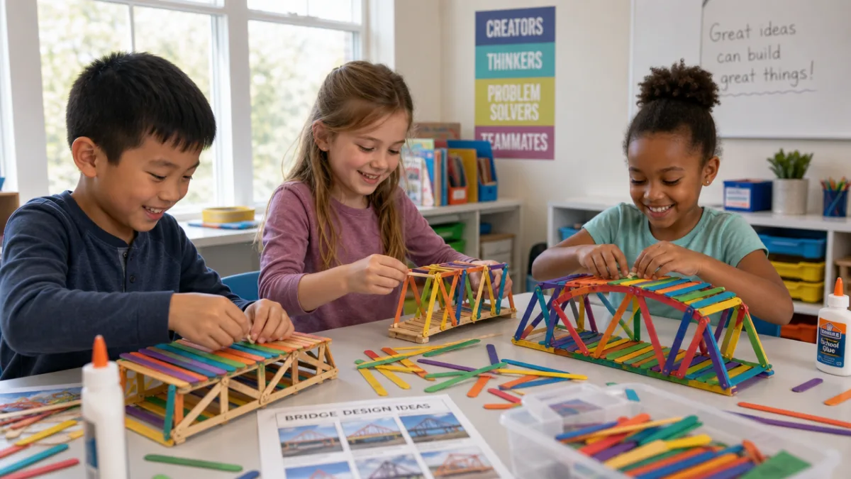 children crafting colorful popsicle stick bridges on a bright classroom table with…