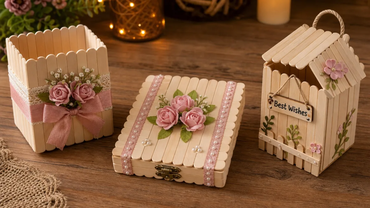 beautifully decorated handmade popsicle stick gifts arranged on a wooden surface with…