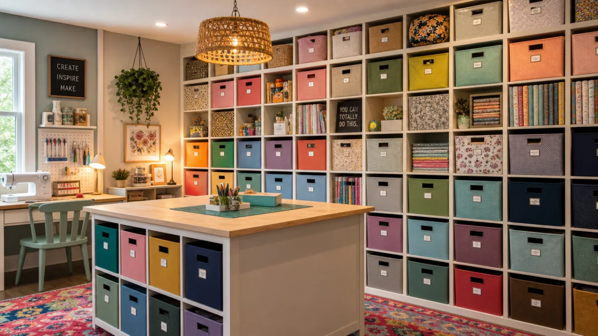 a colorful craft room featuring floor-to-ceiling KALLAX shelves filled with organized fabric…