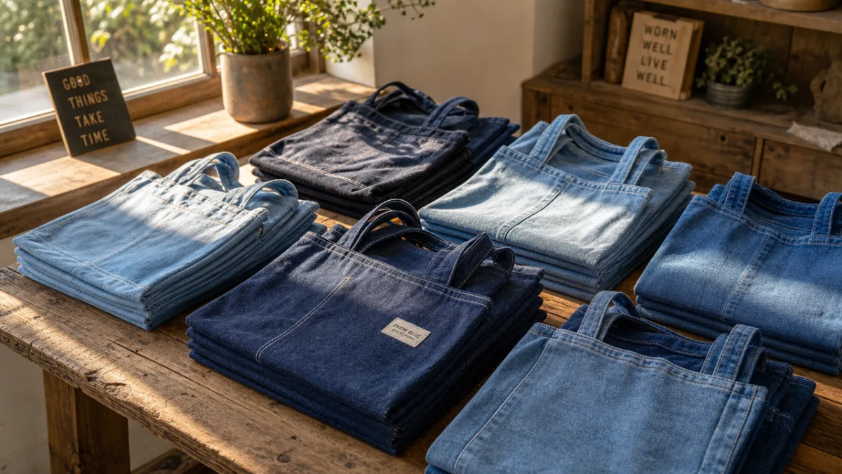 a rustic wooden table covered with neatly folded denim tote bags in…