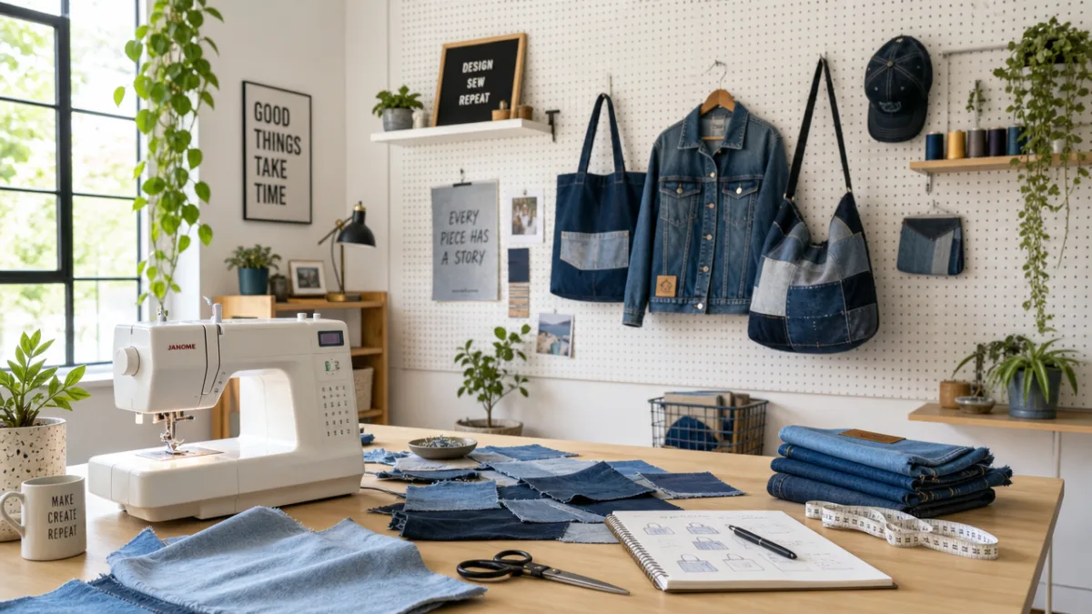 a bright airy craft studio with a sewing machine, scattered denim swatches,…