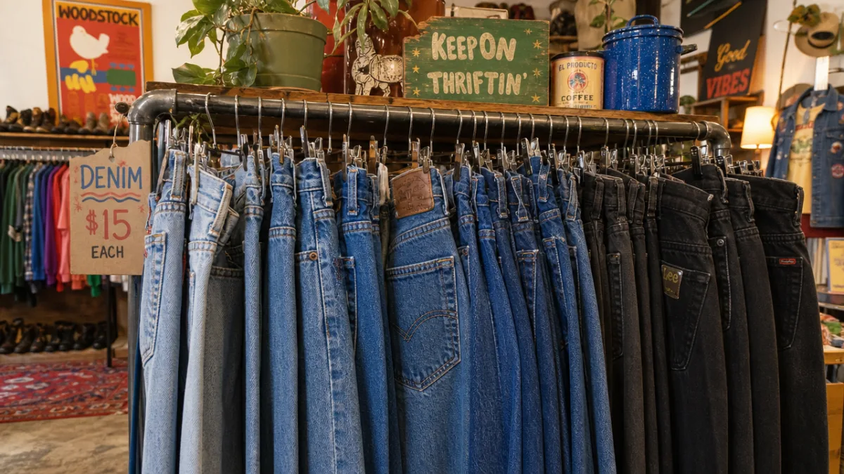 a colorful thrift store rack filled with denim jeans in various shades…
