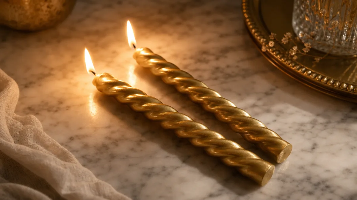 two golden twisted taper candles on a marble surface, warm candlelight glow,…