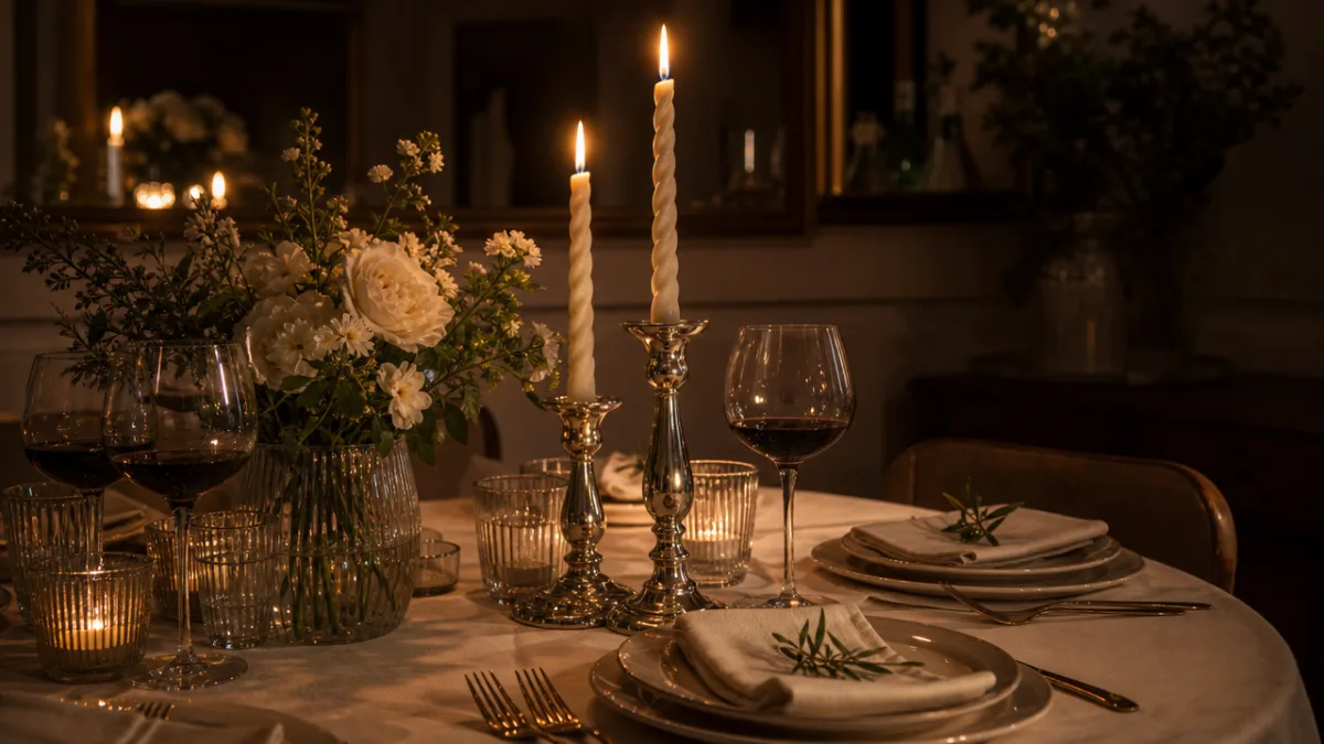 an elegant dinner table with twisted taper candles in silver holders, warm…