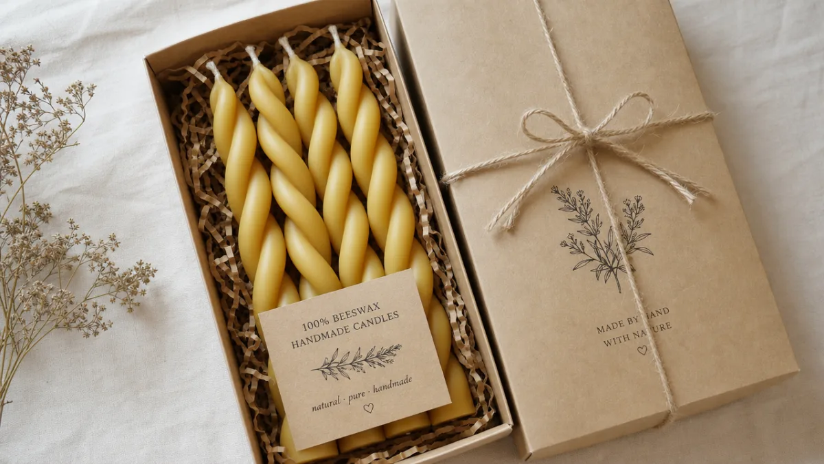 handmade twisted beeswax candles as a gift set in natural kraft paper…
