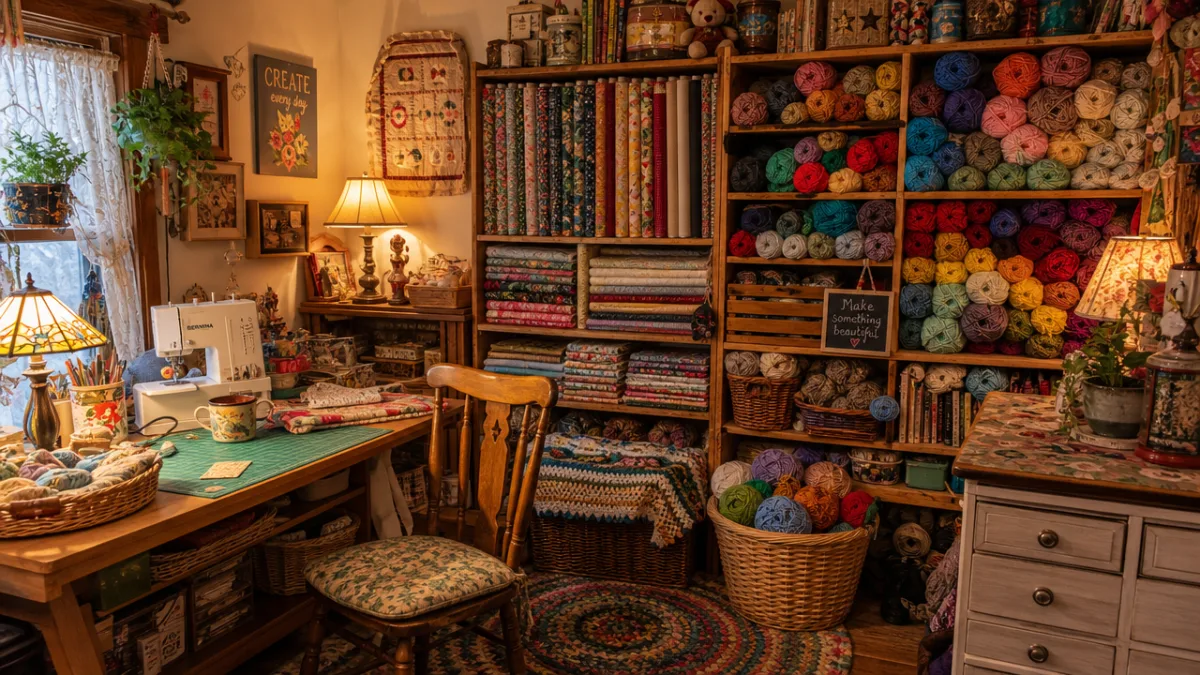 a cozy, cluttered craft room with warm lamp light, colorful fabric bolts…