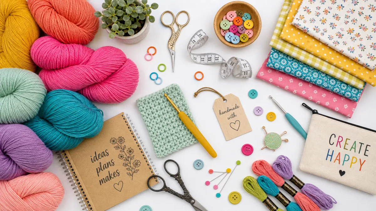 a cheerful flat lay of colorful yarn skeins, fabric swatches, and scattered…