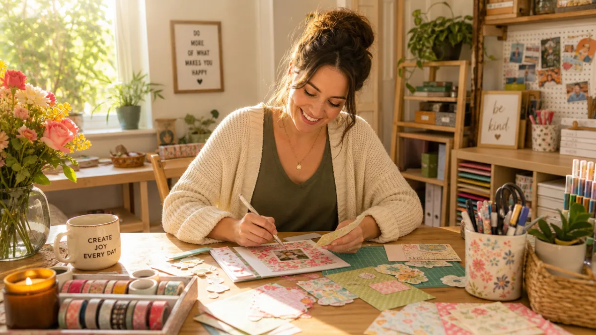 a smiling woman crafting at a bright wooden table surrounded by colorful…