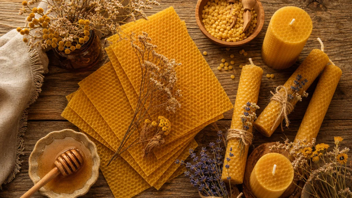 a warm flat lay of golden beeswax sheets, honeycomb candles, and dried…