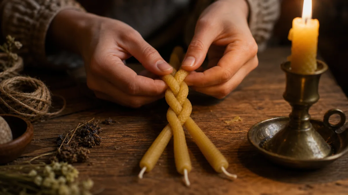 hands carefully braiding three golden beeswax tapers on a wooden table, warm…