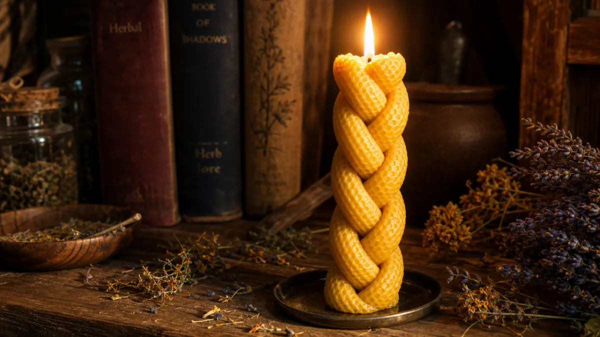 a glowing braided beeswax candle on a rustic wooden table with dried…