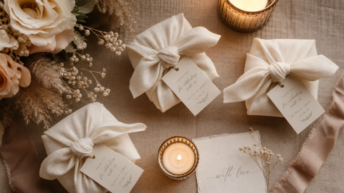 a flatlay of elegant knotted wedding favours in ivory muslin, soft warm…