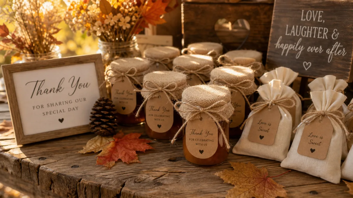 a rustic wooden table displaying seasonal autumn wedding favours tied with twine,…