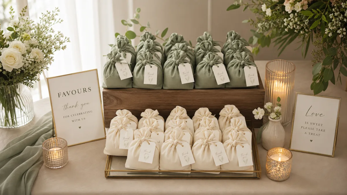 a styled wedding favour display table with ivory and sage green knotted…