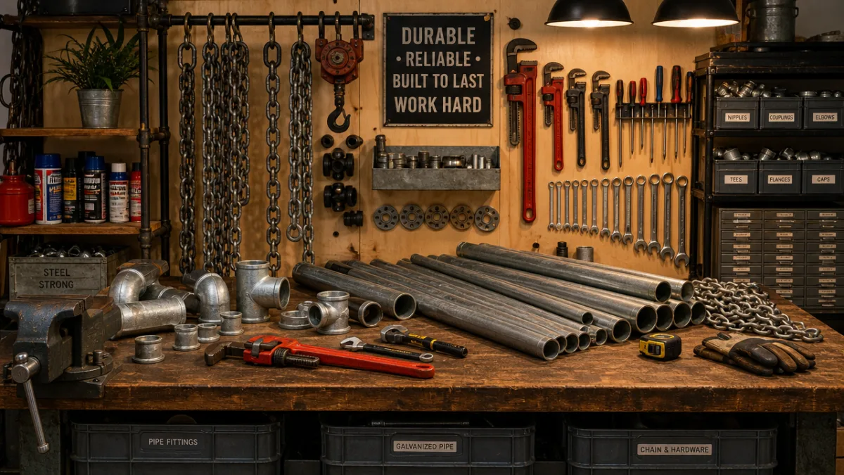 a well-organized workshop workbench with galvanized pipe, chains, and tools laid out,…