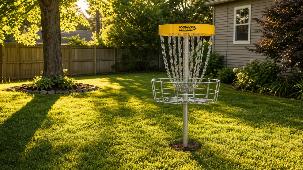 a backyard disc golf basket freshly installed in green grass, golden afternoon…