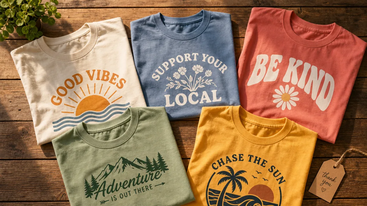 a flat lay of colorful vinyl-pressed T-shirts on a wooden table, warm…