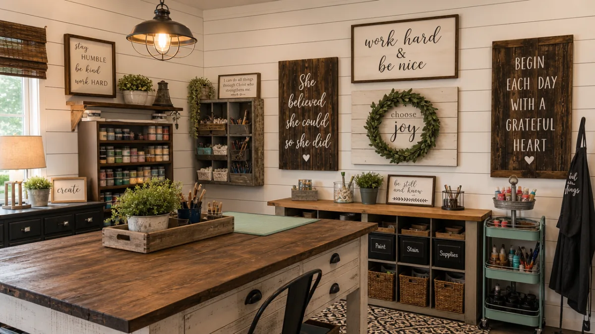 a cozy craft room with handmade wood signs on shiplap walls, soft…