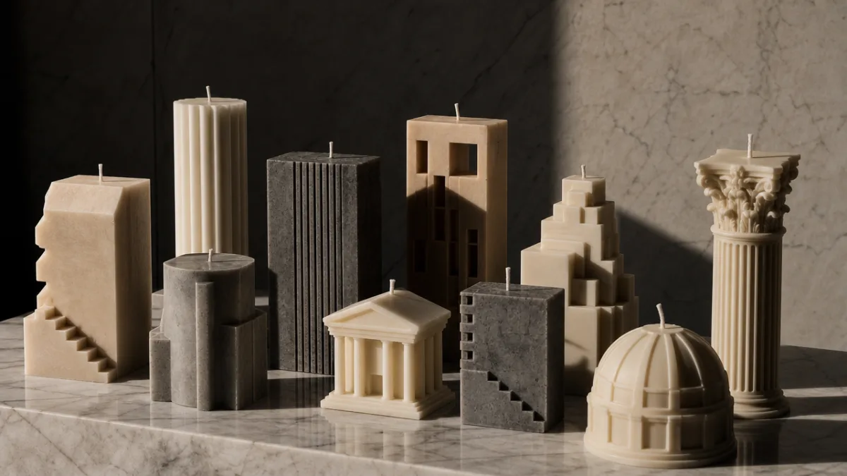 a collection of architectural candles in brutalist and classical styles arranged on…