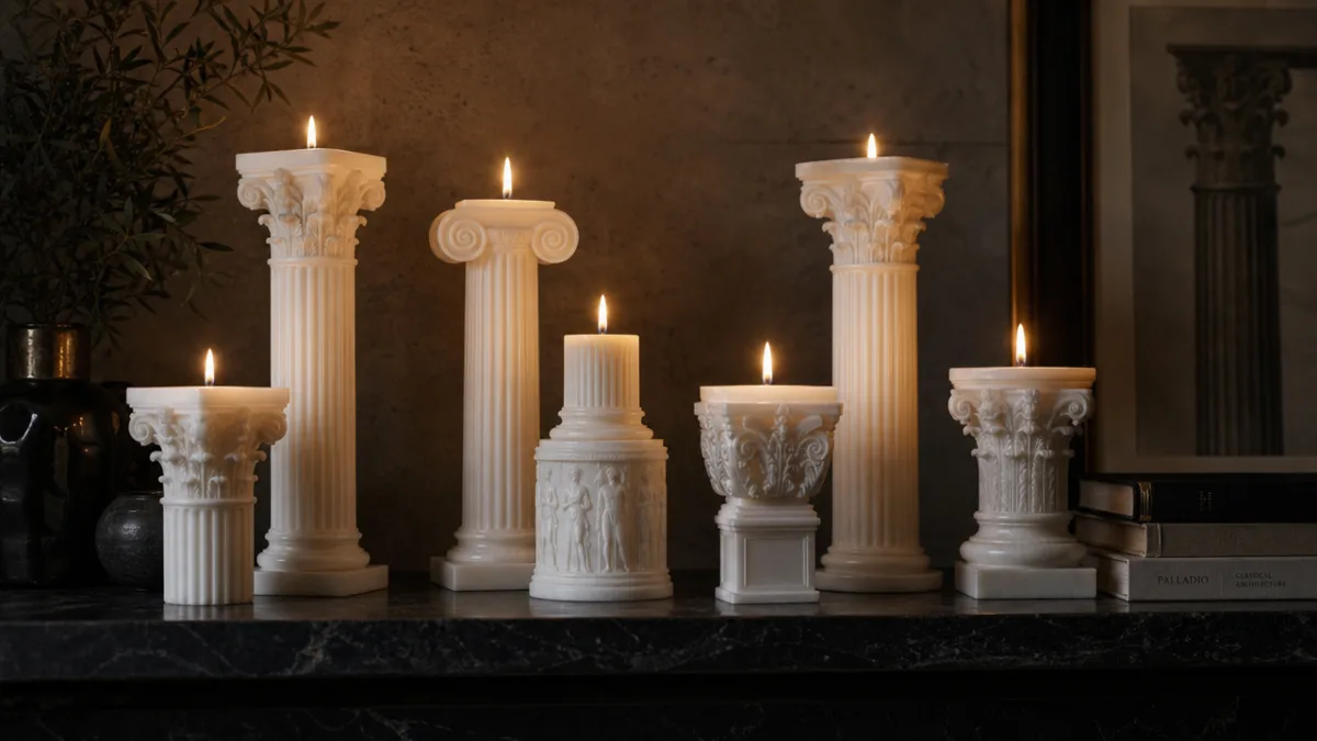 elegant white architectural candles with classical column details displayed on a dark…