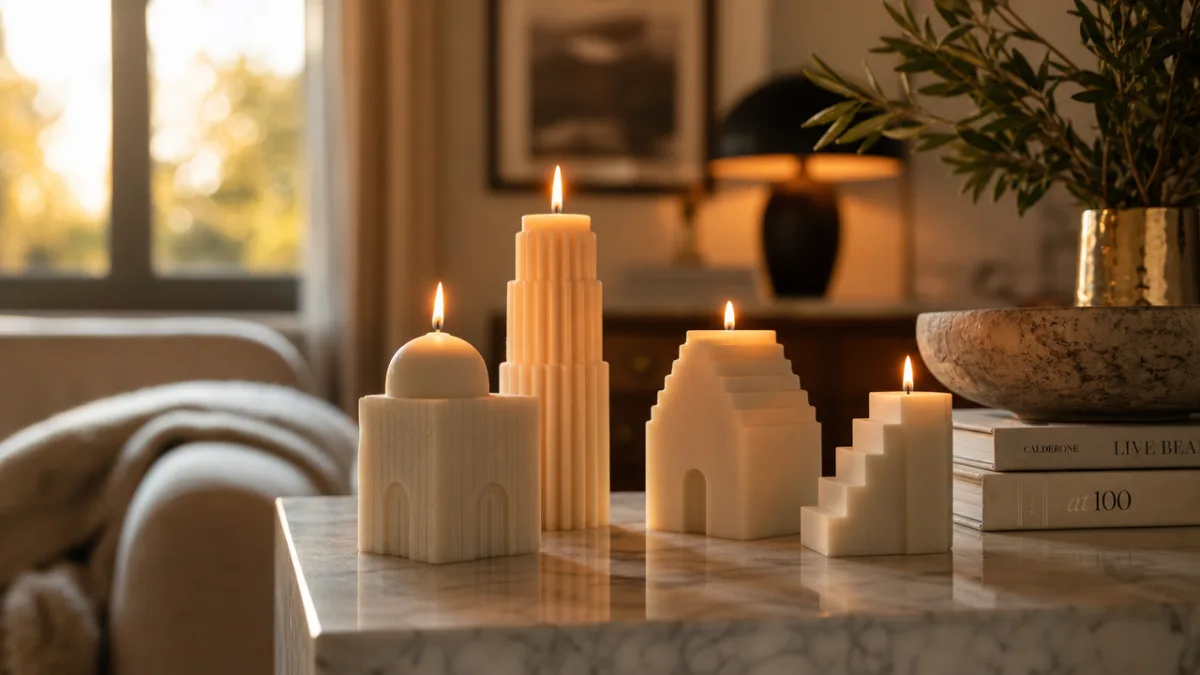 a cozy home interior vignette with several architectural candles burning on a…