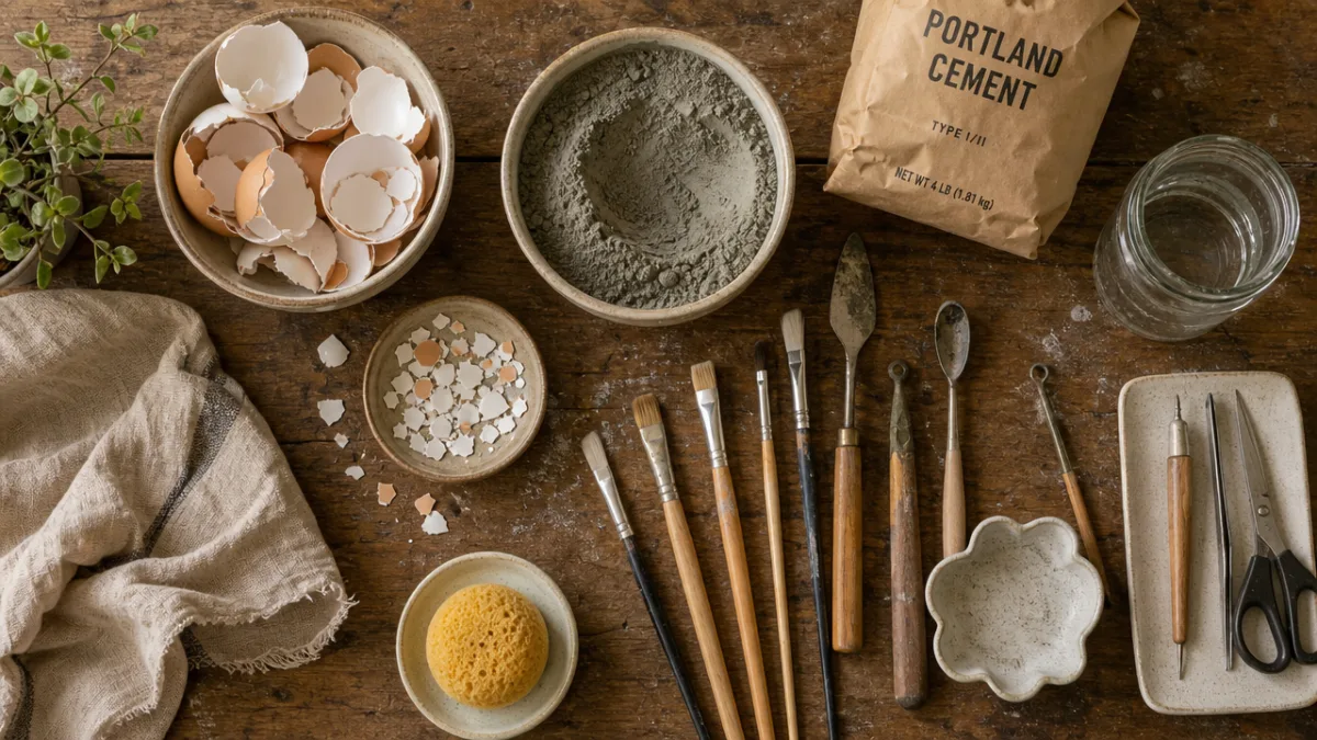 a flat lay of crafting materials including eggshells, cement, small brushes and…