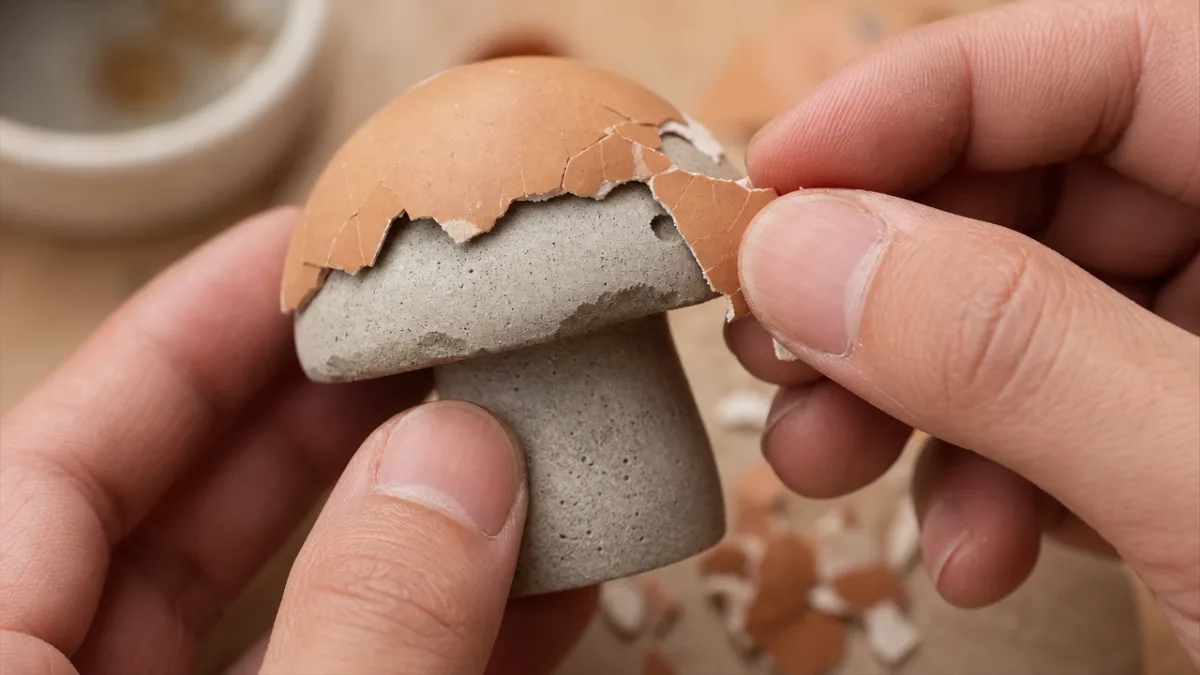 close-up of hands carefully peeling eggshell from a small cured concrete mushroom…