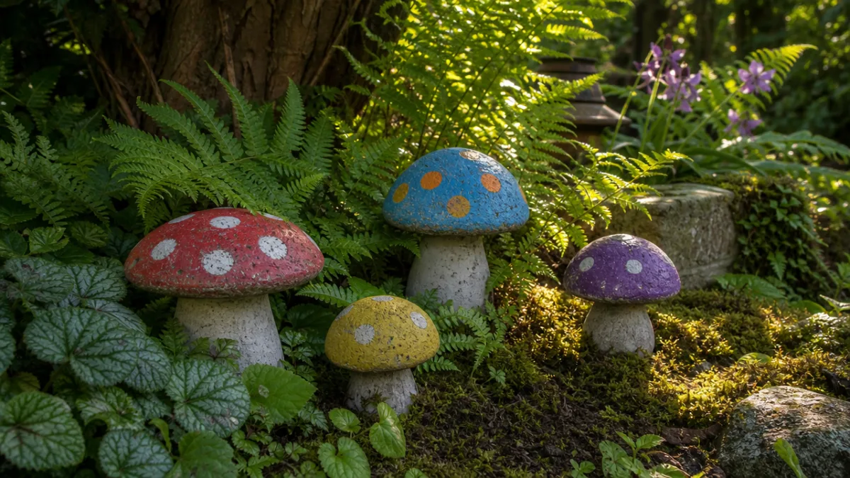 a lush shaded garden bed with several colorful concrete mushrooms nestled among…