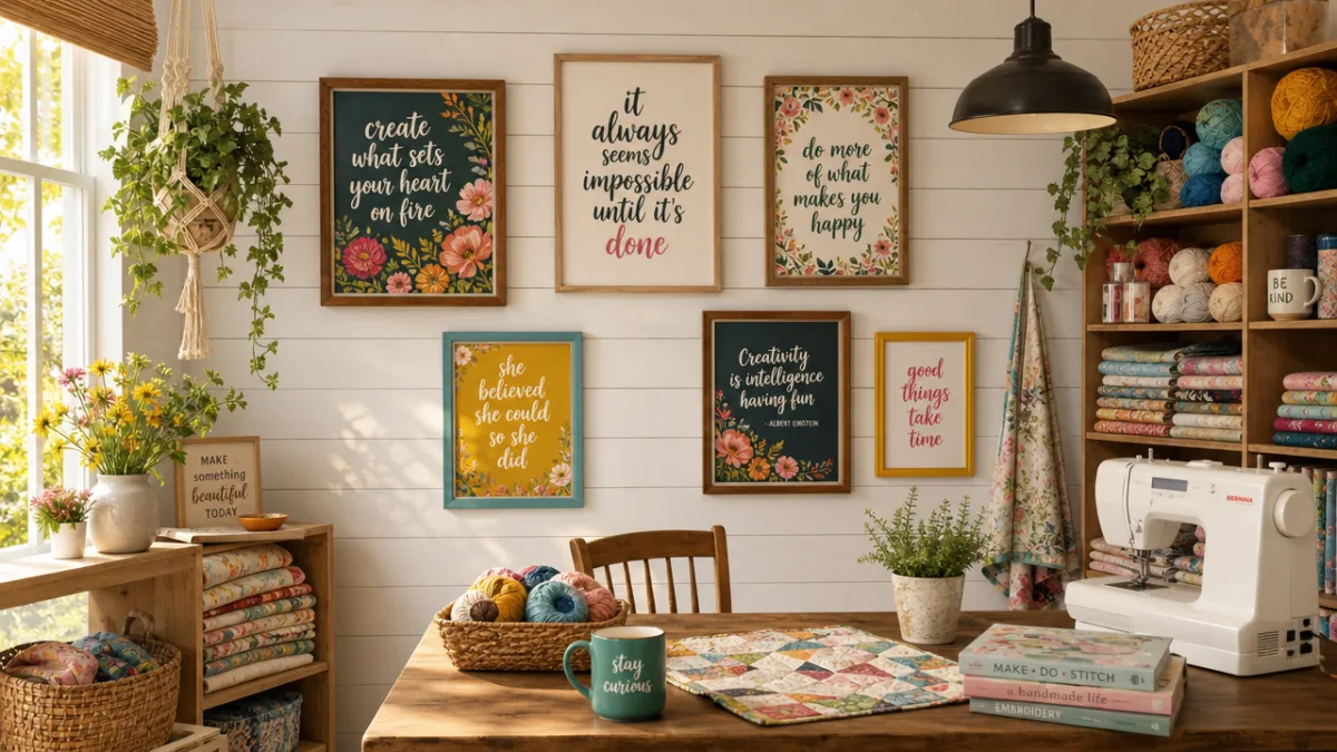a warmly lit craft studio with colorful framed quote prints on white…