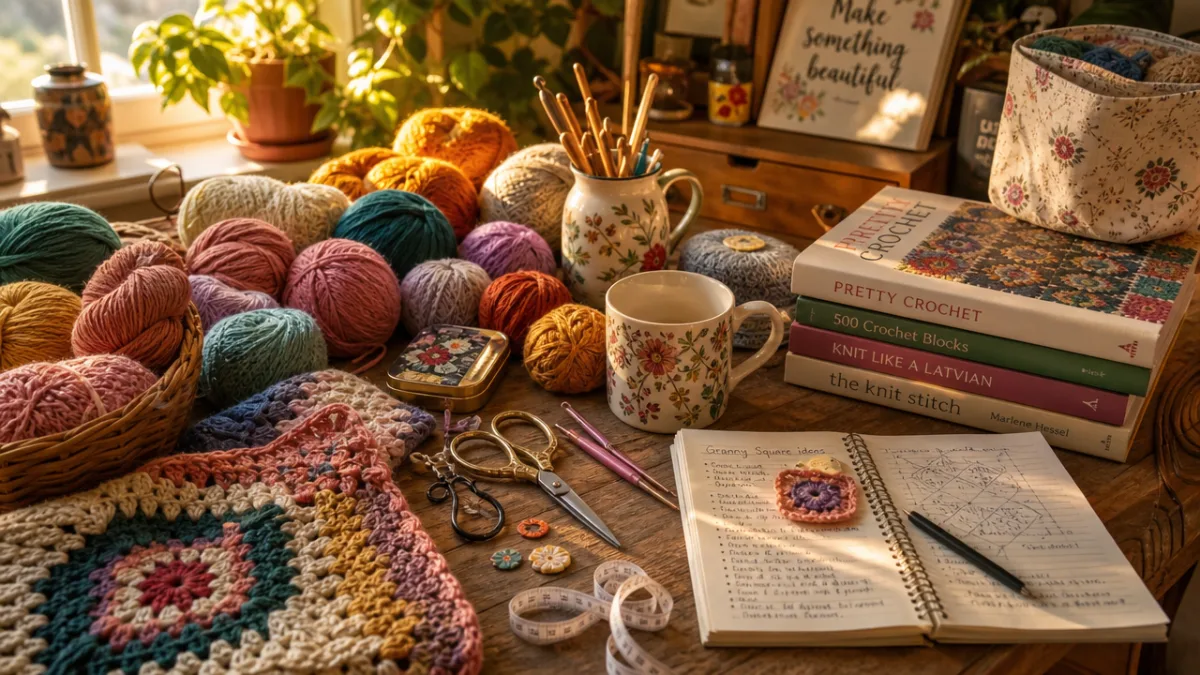 a cluttered but charming crafting table covered in colorful yarn skeins, scissors…