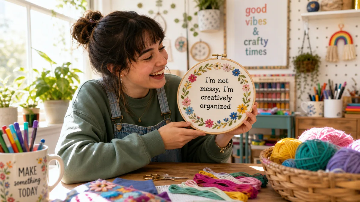 a person laughing while looking at a framed embroidery hoop with a…
