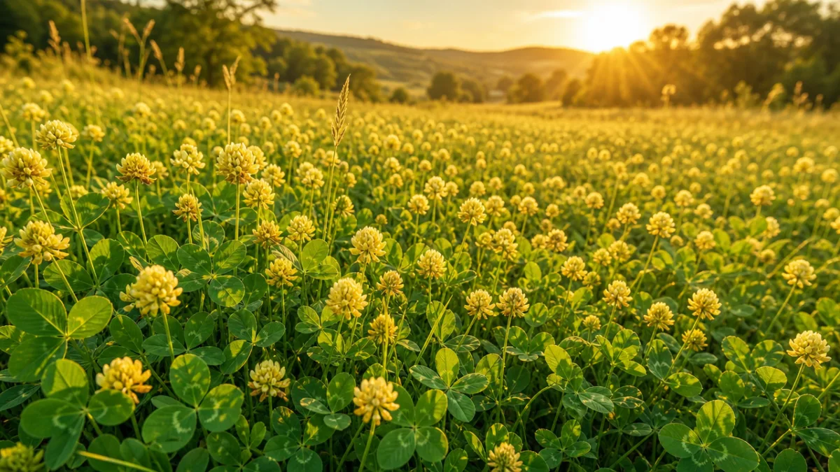 a sun-drenched meadow filled with low-growing yellow clover flowers and green trefoil…