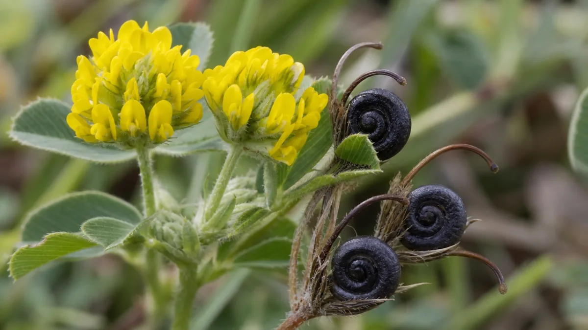 a close-up macro photograph of tiny yellow clover flowers and spiral black…