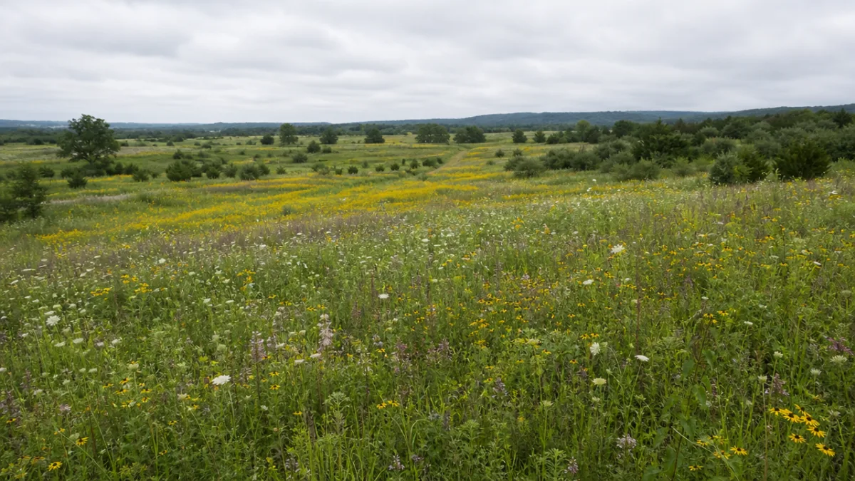 a wide-angle view of a naturalistic wildflower meadow with patches of yellow…