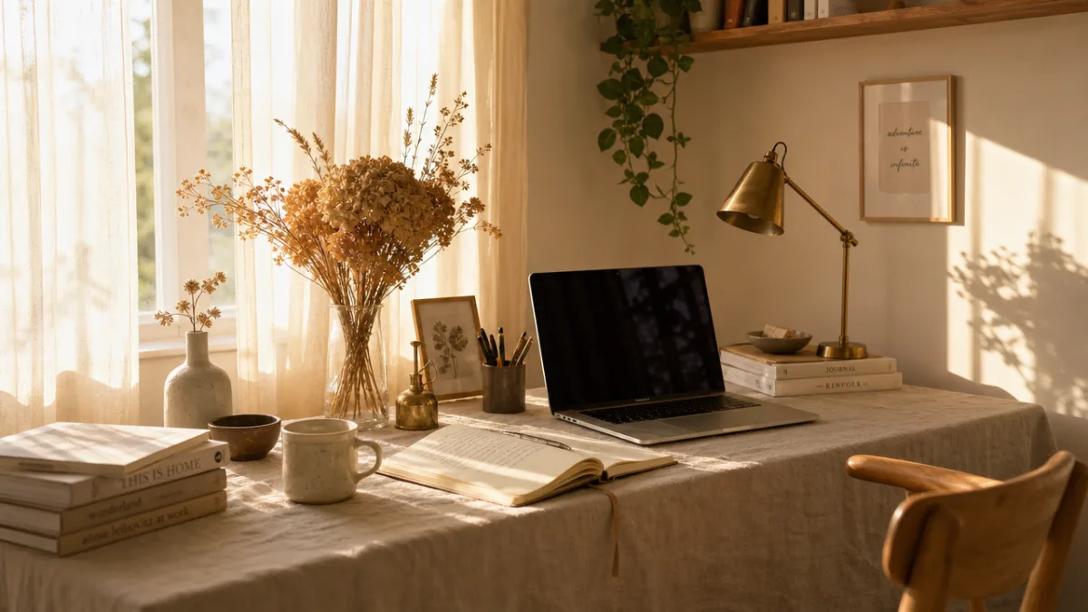 a sunlit home workspace with a linen-covered desk, dried flowers, and warm…