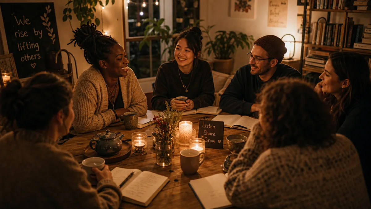 a cozy community gathering around a wooden table with tea, notebooks, and…