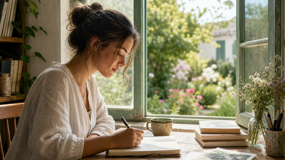 a woman writing at a bright open window overlooking a garden, soft…