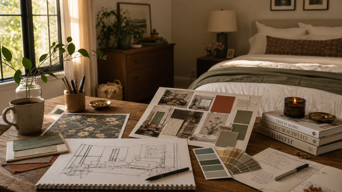 a cozy bedroom planning workspace with mood boards, paint swatches, and sketches…