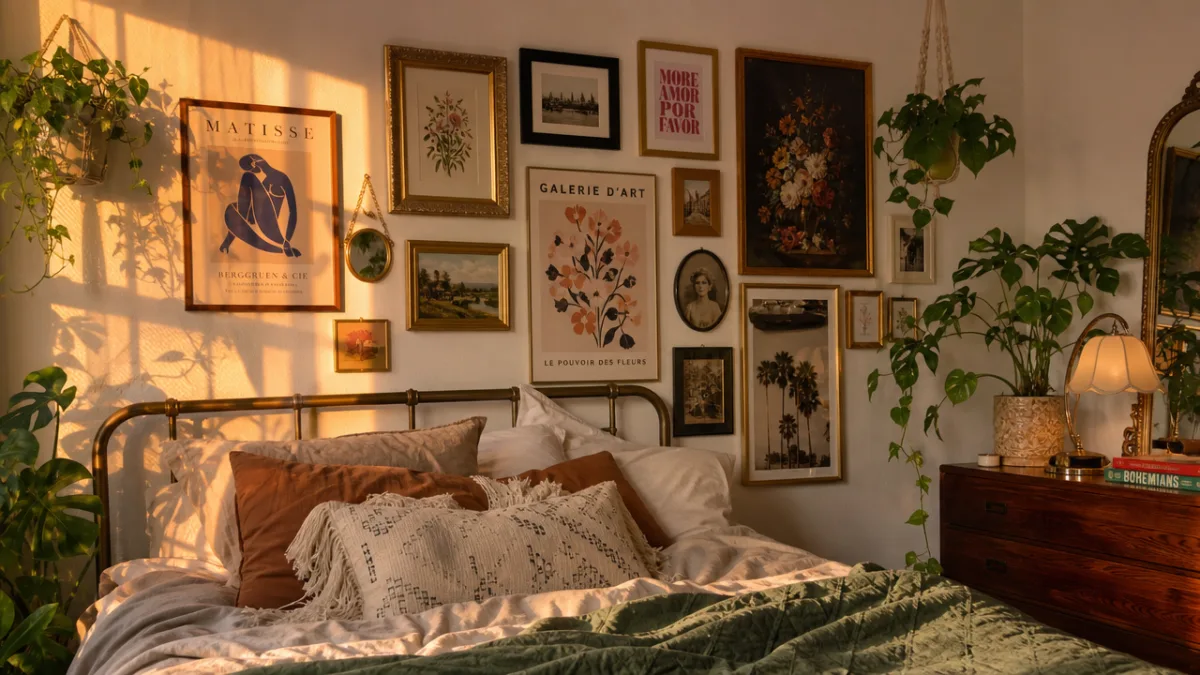 an eclectic bedroom gallery wall with mixed frames, art prints, and plants,…