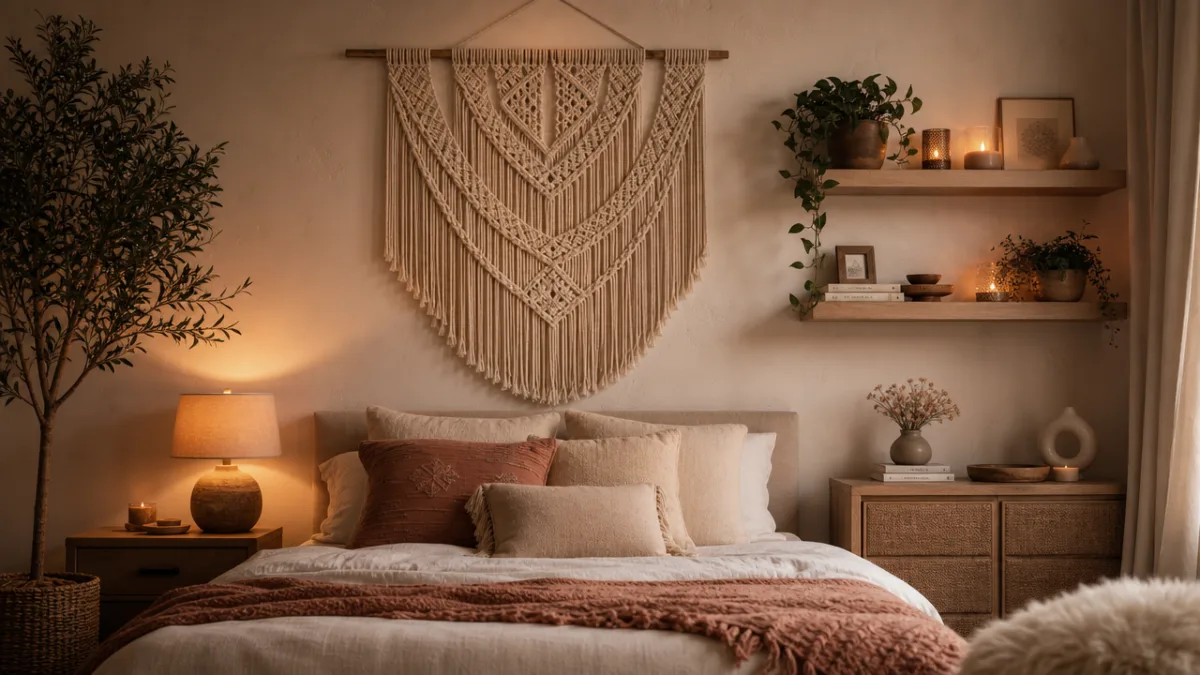 a stylish bedroom wall featuring a large macramé hanging, floating shelves, and…