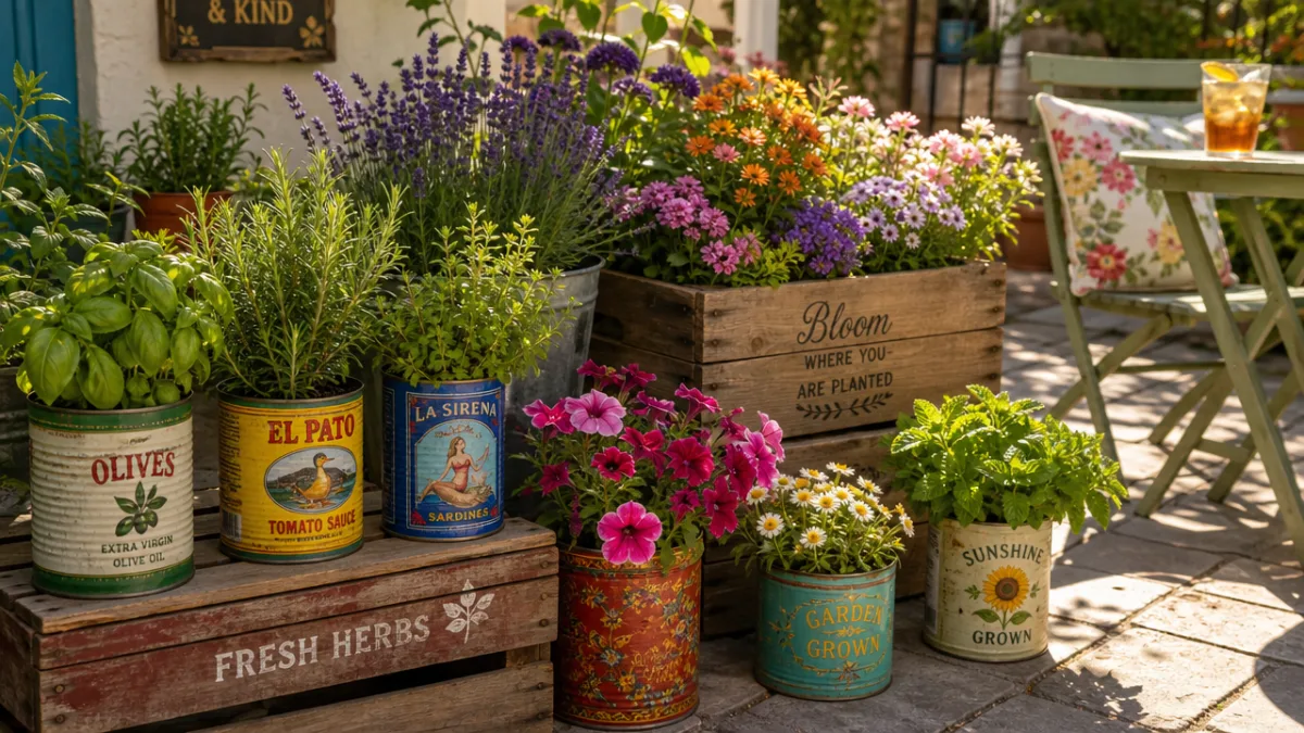 a sunlit garden patio featuring colorful upcycled tin cans and wooden crates…