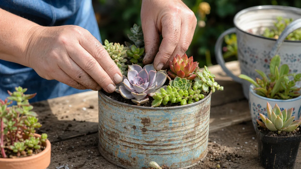 close-up of hands planting colorful succulents into a weathered tin can on…