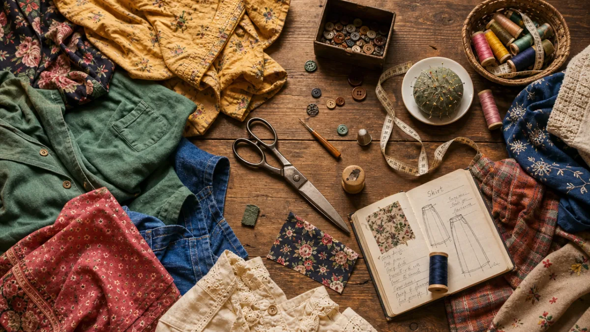 a flat lay of colorful old garments, scissors, thread and sewing tools…