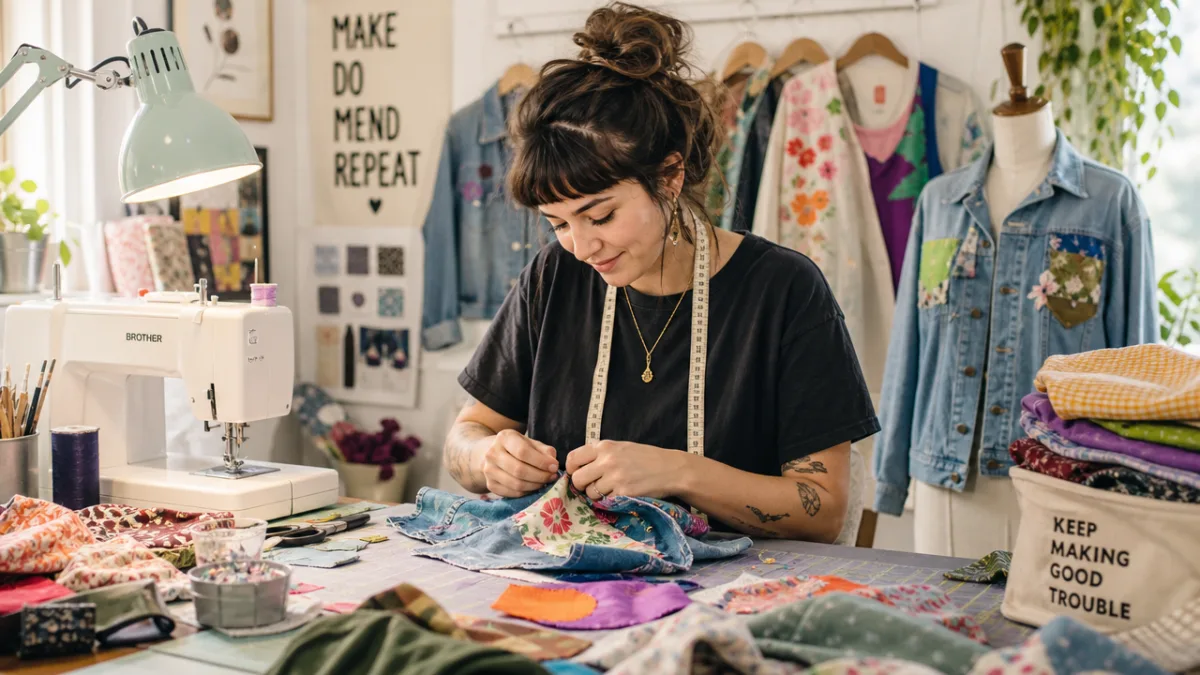 a person crafting at a bright sewing station surrounded by colorful fabric…