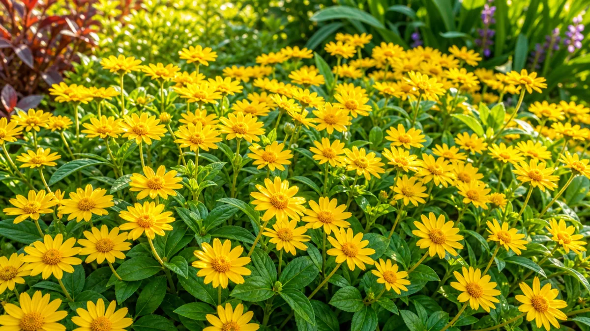 a vibrant garden bed filled with golden yellow melampodium flowers in full…