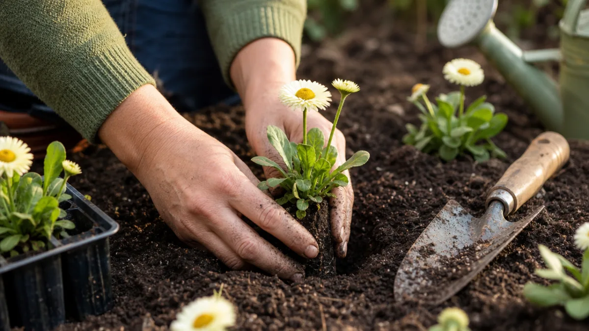 close-up of hands planting butter daisy seedlings in rich garden soil, soft…
