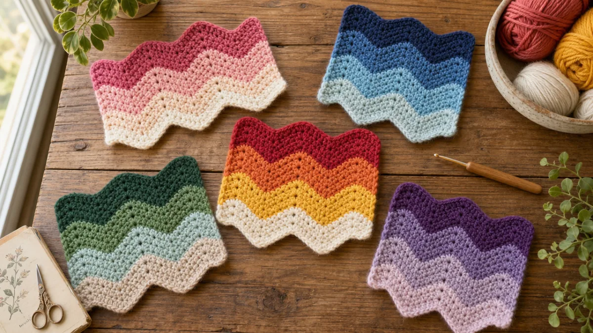a flat lay of colorful chevron crochet swatches on a wooden table,…