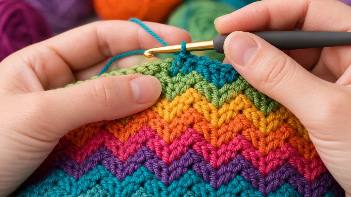 close-up of hands working a colorful chevron stitch with a crochet hook,…