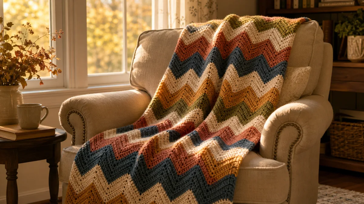a finished chevron crochet blanket draped over a cozy armchair beside a…